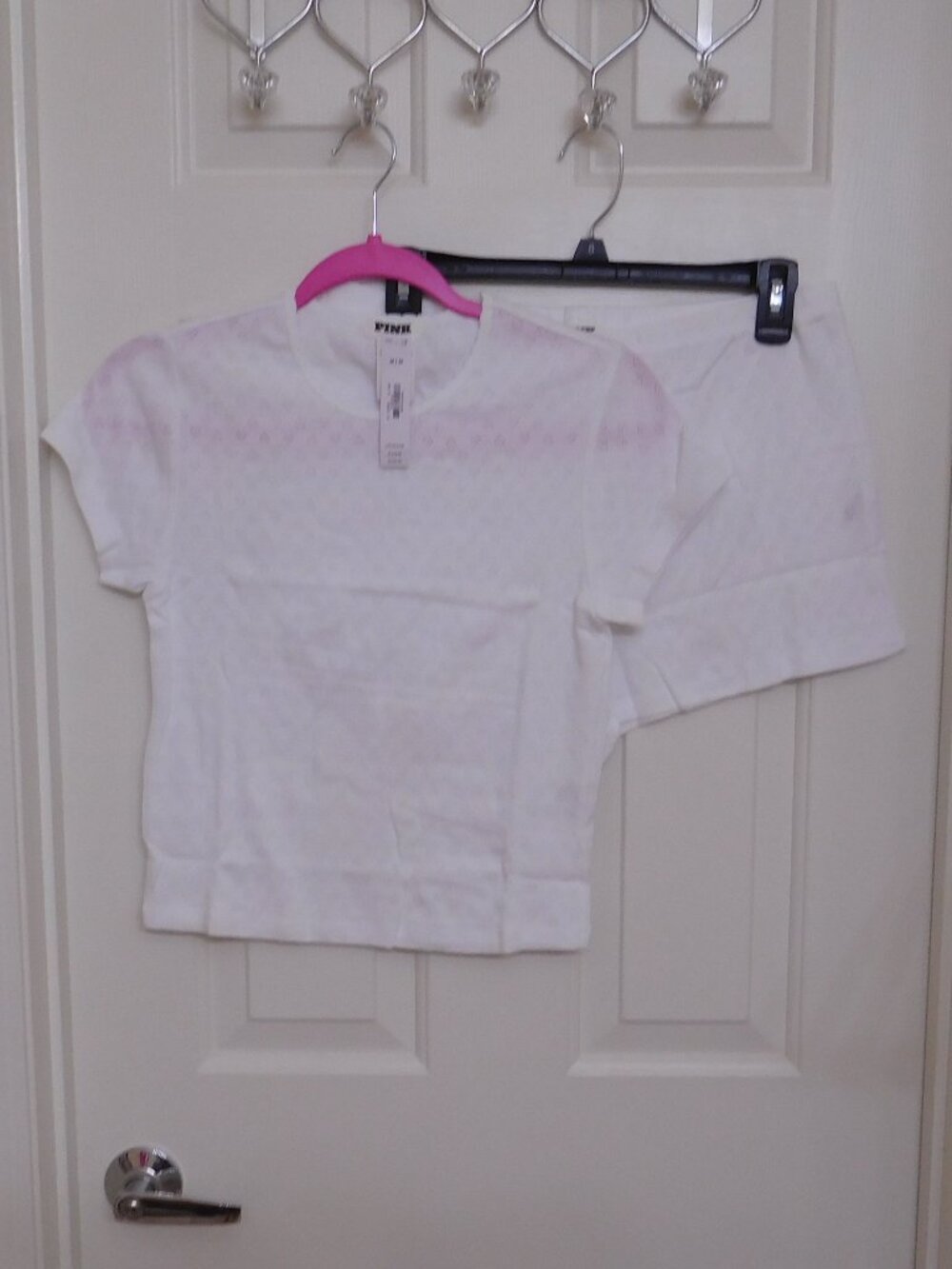 NWT 2pc Pink Victoria's Secret White Eyelet Shorts Pajamas sz Large